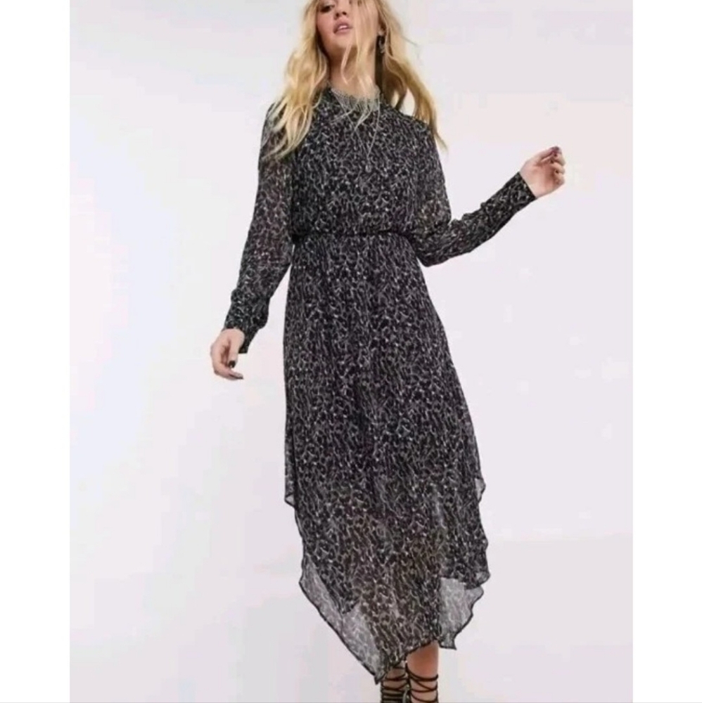 All Saints Dress Valeria Waterloo Leopard Print‎ Chiffon Midi Long Sleeve